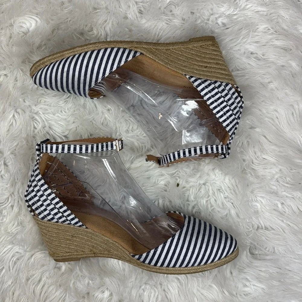 White Mountain Navy Striped Espadrille Wedges